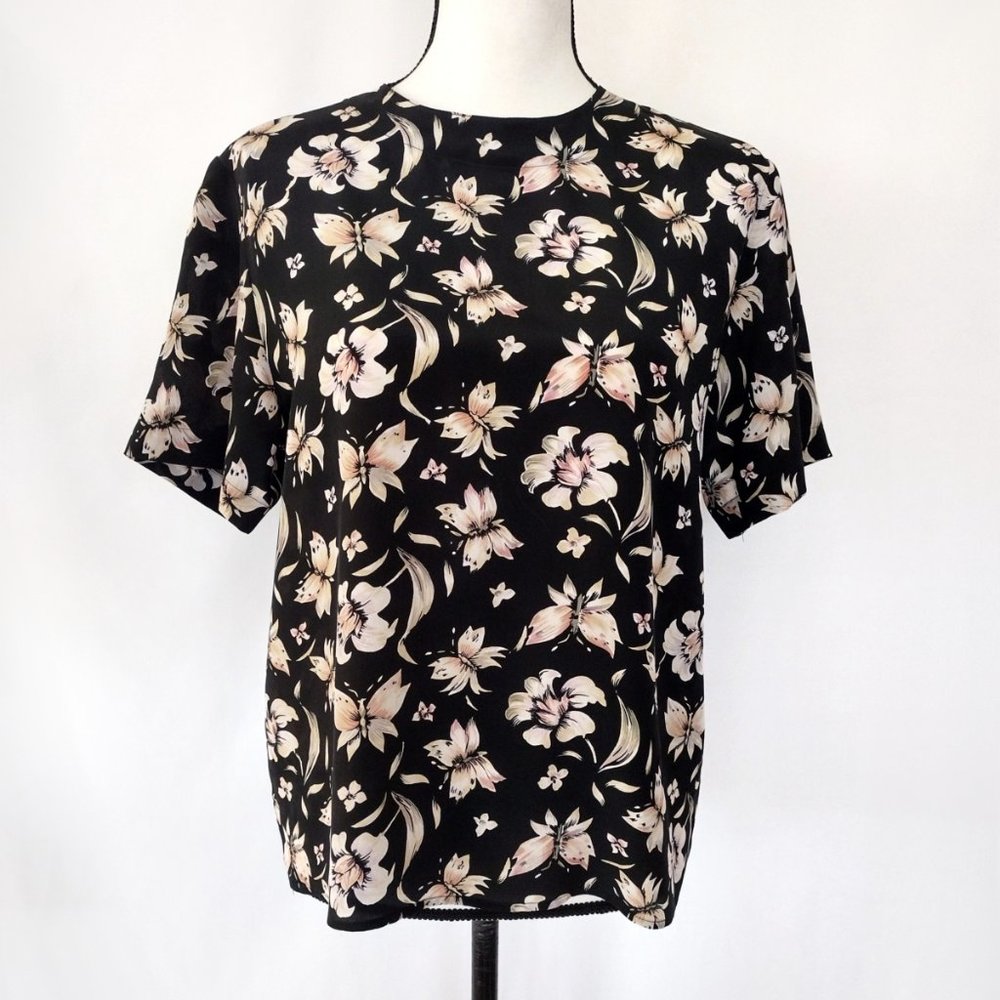 Vintage 90s 100% Silk Colorful Butterfly Floral Print Oversized Blouse